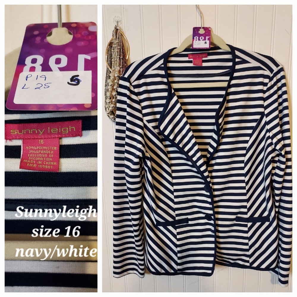 Sunny Leigh Navy & White Striped Career Blazer - Size 16